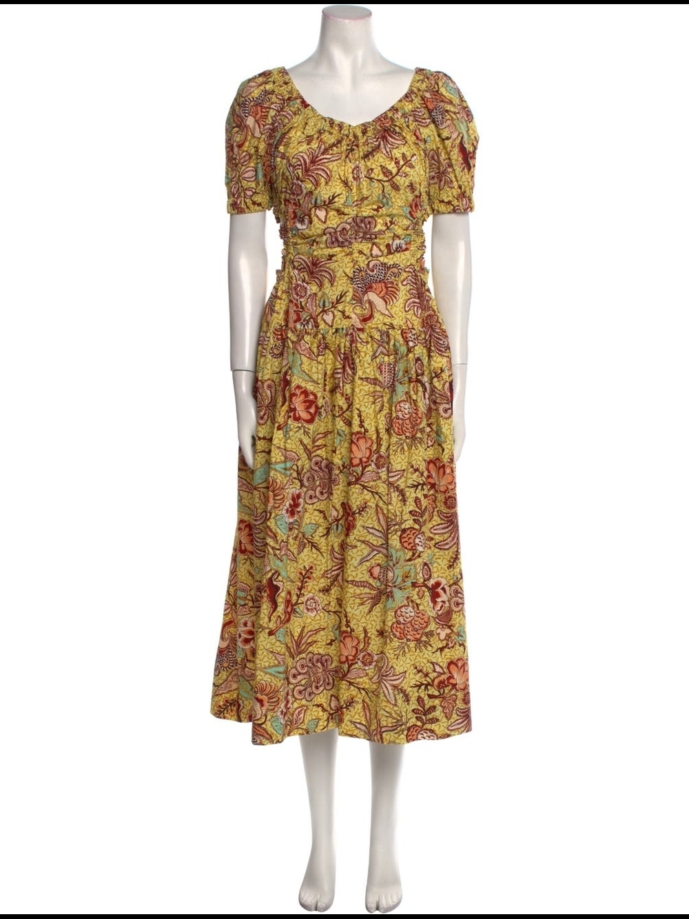 Ulla Johnson Yellow Floral Midi Dress with Puff Sleeves